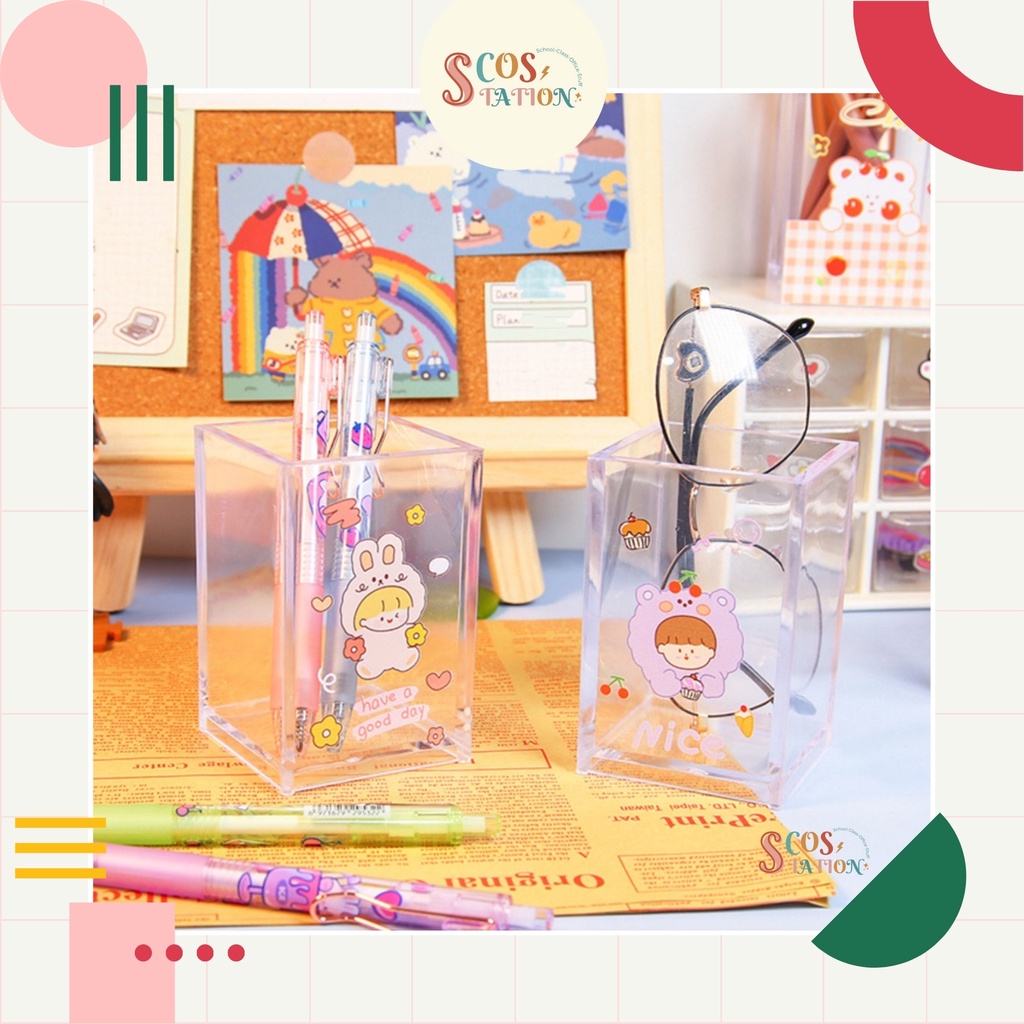 Lọ Đựng Bút, Cọ Bằng Nhựa Trong Suốt và Sticker Cực Dễ Thương [HÀNG LUÔN CÓ SẴN]