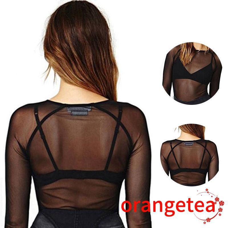 Áo thun lưới xuyên thấu màu đen tay dài cổ tròn thời trang quyến rũ cho nữ