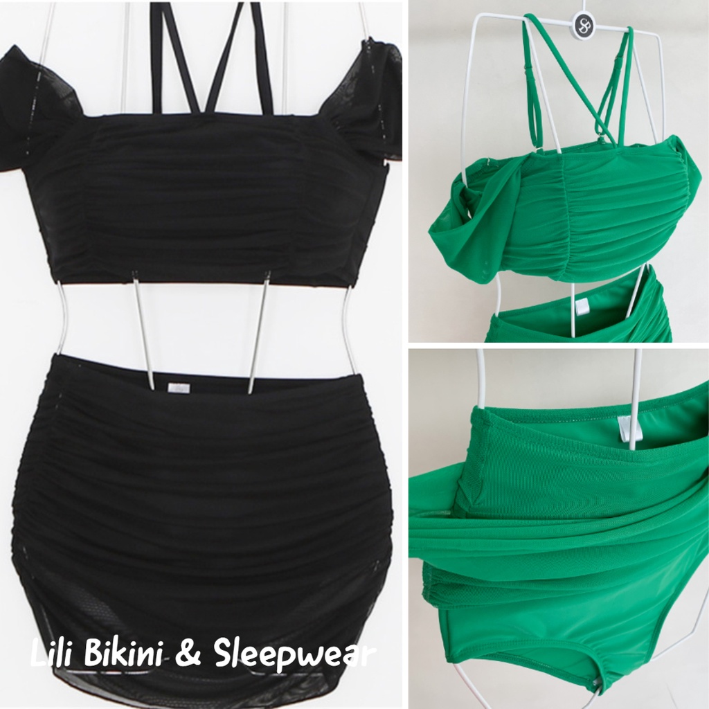 Bikini Hàn Quốc cao cấp váy quần mặc được nhiều kiểu, đồ bơi 2 mảnh xanh lá, đen cạp cao che bụng đi biển