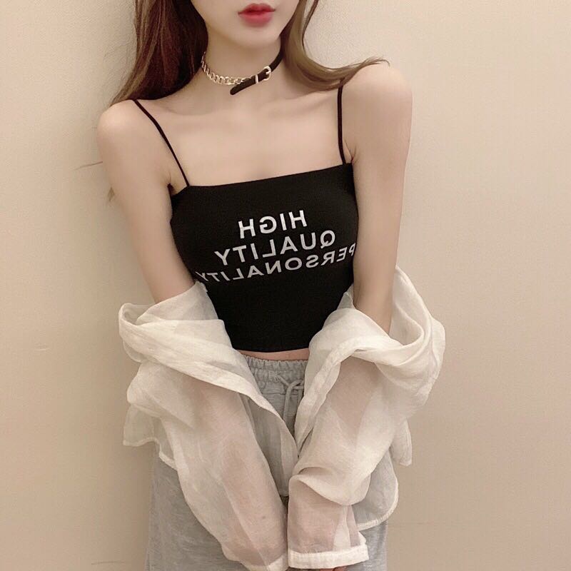 Áo 2 dây croptop có mút sợi bún in chữ High Quality , bra mặc vest blazer cardigan tập gym
