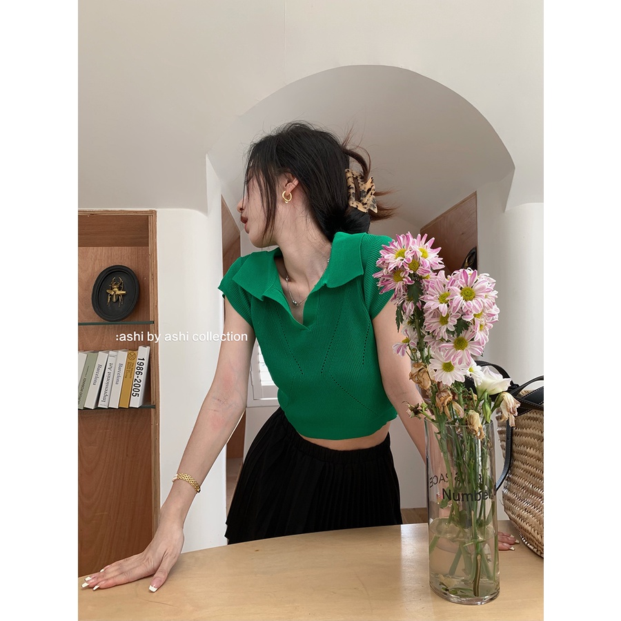 Porozi  Áo thun dệt kim  mỏng tay ngắn cổ polo thời trang Hàn Quốc dành cho nữ