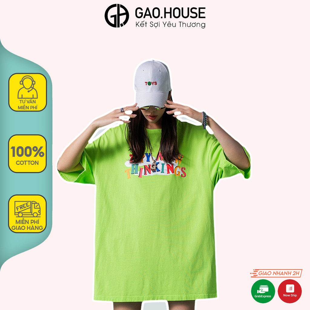 Áo thun nam nữ cộc tay Gạo House cotton màu xanh chuối Try New Thinkings dáng oversize V225