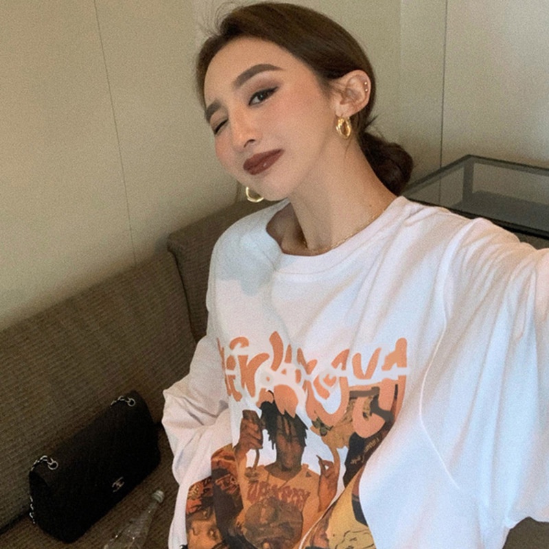 Áo thun nữ tay dài dáng rộng phong cách hip hop