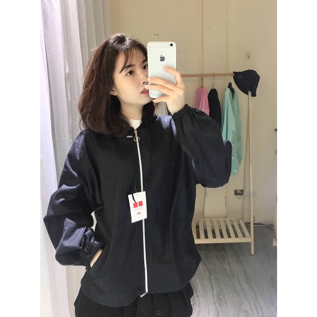 AK005 - Áo khoác kaki có mũ form rộng tay bồng dễ thương, Jacket đen unisex oversize khóa tròn dây rút Ulzzang cá tính