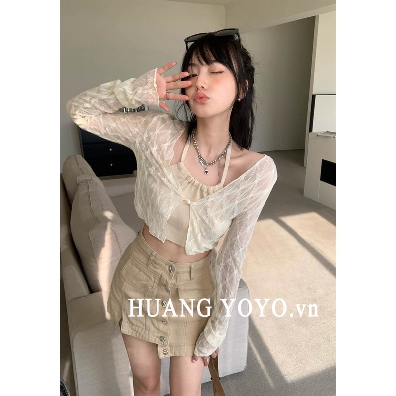 Set áo dây cổ yếm + áo khoác cardigan dài tay chống nắng phong cách thời trang cho nữ