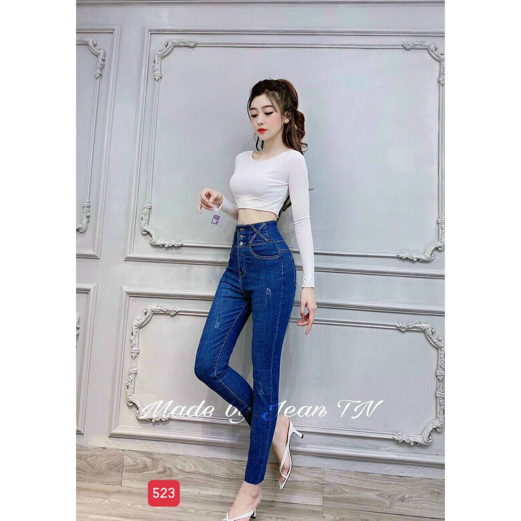Quần jean nữ có độ co dãn 3 nút kiểu may X 2 bên
