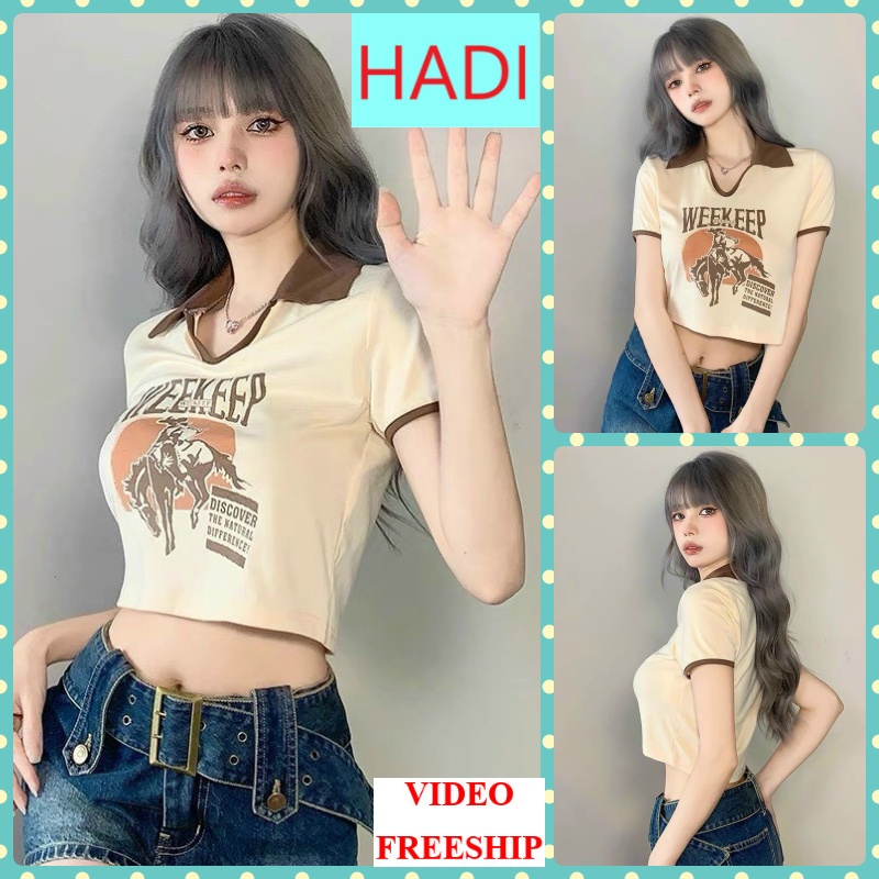 [VIDEO+FREESHIP ] ÁO CROPTOP KIỂU LỬNG NỮ CỔ BẺ POLO TAY NGẮN IN CON NGỰA WEEKEEP MÀU BE CỰC HOT HIT SIÊU MÁT MẺ CÁ TÍNH