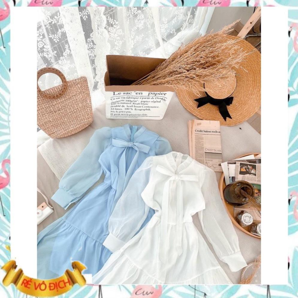 Đầm công sở trắng xanh nơ ngực tơ tầng xinh xắn - Moly dress | BigBuy360 - bigbuy360.vn