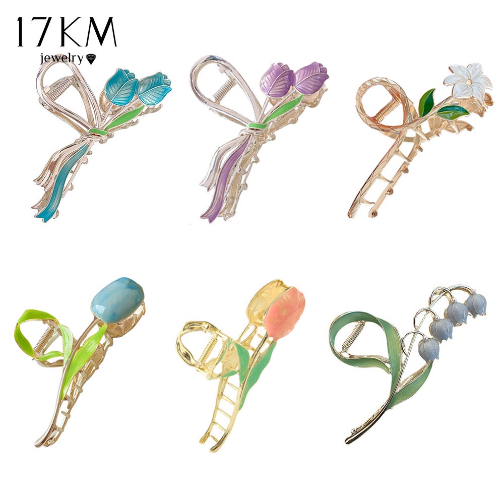 Kẹp tóc càng cua 17KM trang trí bông hoa tulip/ bươm bướm/ trong suốt bằng kim loại ngọt ngào dành cho nữ