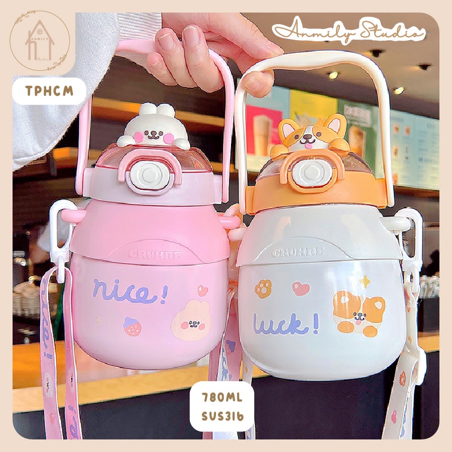 Bình giữ nhiệt cute ANMILY CUP 780ml  hình dáng dễ thương có ống hút kèm theo thép không rỉ SUS316 cao cấp