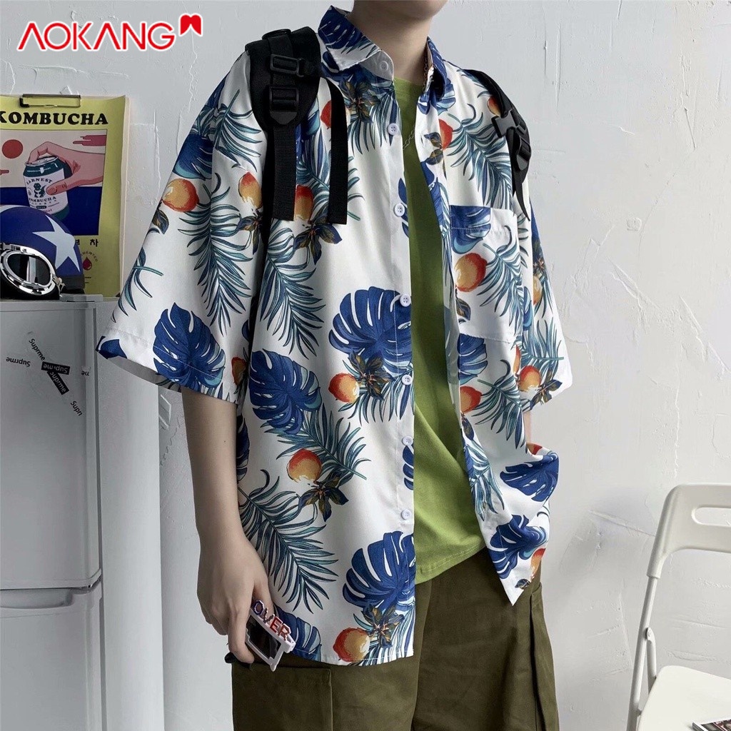 Áo sơ mi AOKANG tay ngắn in họa tiết phong cách Nhật Bản năng động trẻ trung dành cho nam