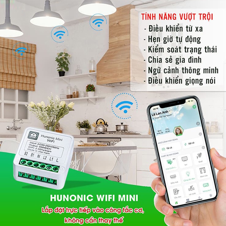 Công tắc thông minh wifi Hunonic Mini - Điều khiển từ xa bằng điện thoại - Hàng chính hãng - Bảo hành 12 tháng