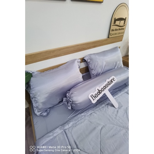 Bộ chăn ga và vỏ gối phi lụa cao cấp màu xám ánh xanh