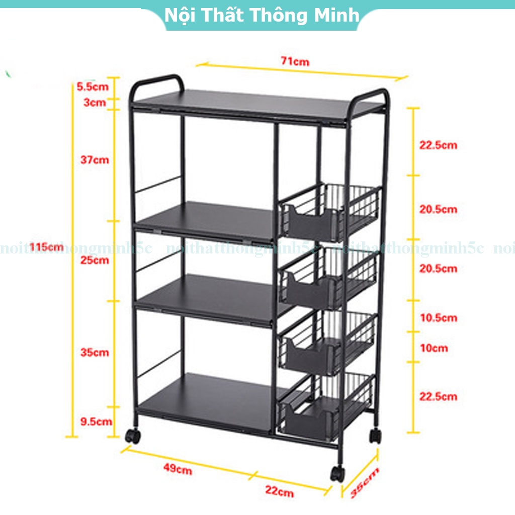 Kệ để đồ đa năng nhà bếp 3 4 tầng kép có bánh xe, kệ vi sóng gia vị nồi chiên không dầu thông minh đa năng