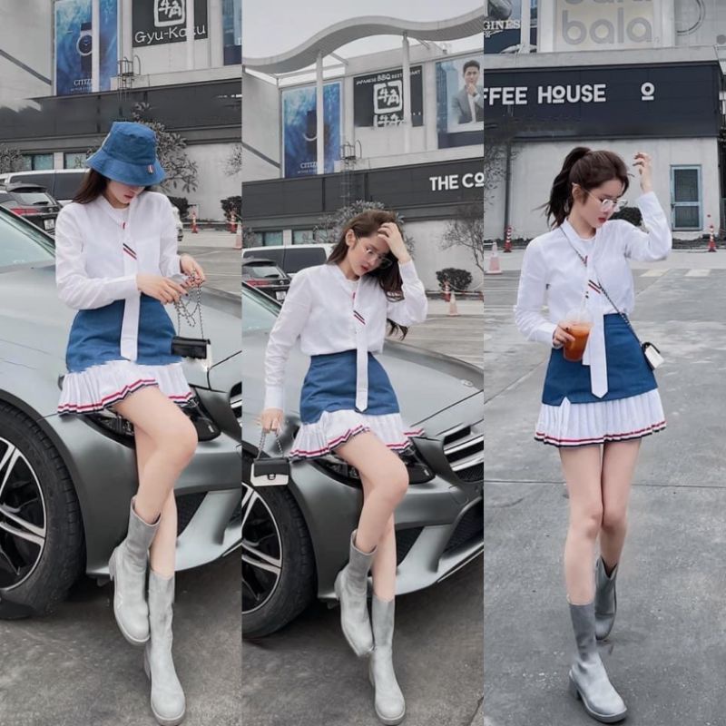 Set Đồ Nữ Ms.1143 Áo Sơ Mi Thiết Kế Cổ Tàu Có Vạt, Phối Chân Váy Chữ A Đuôi Cá Pha Bò, Chất Kate