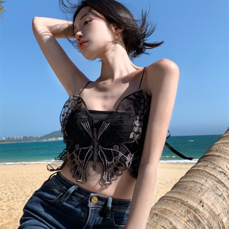 Áo Hai Dây Mỏng Vừa Vặn Thêu Ren Hình Bướm Màu Đen Gợi Cảm Phối Ren Đính Cườm