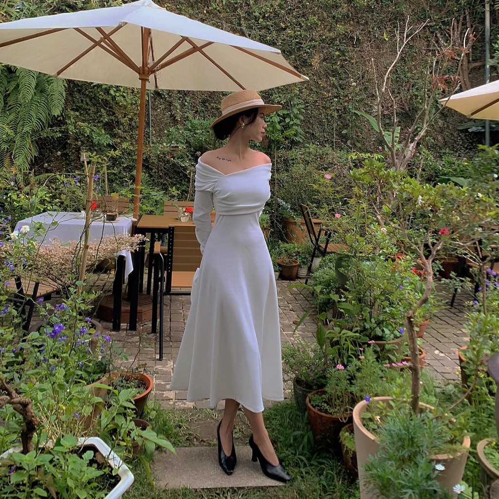 Đầm dự tiệc trễ vai màu trắng body tay dài, đầm lệch vai sexy hàng thiết kế chính hãng Kim Hoàng - (Mẫu Lệch Vai)