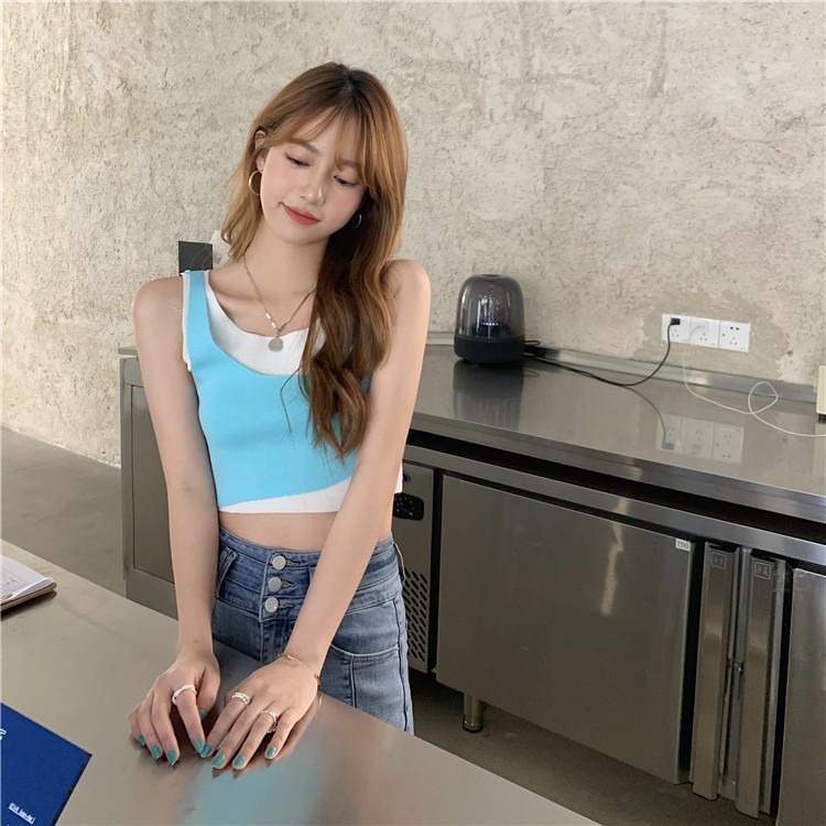 【ZHELIHANGFEI】 / Áo Dệt Kim Sát Nách Giả Hai Mảnh Màu Sắc Phù Hợp Với Nhiều Phong Cách