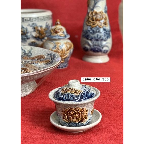 Bát Sâm Men Rạn Bát Tràng, Chén Nước Có Nắp Thờ Cúng Đắp Nổi Men Rạn