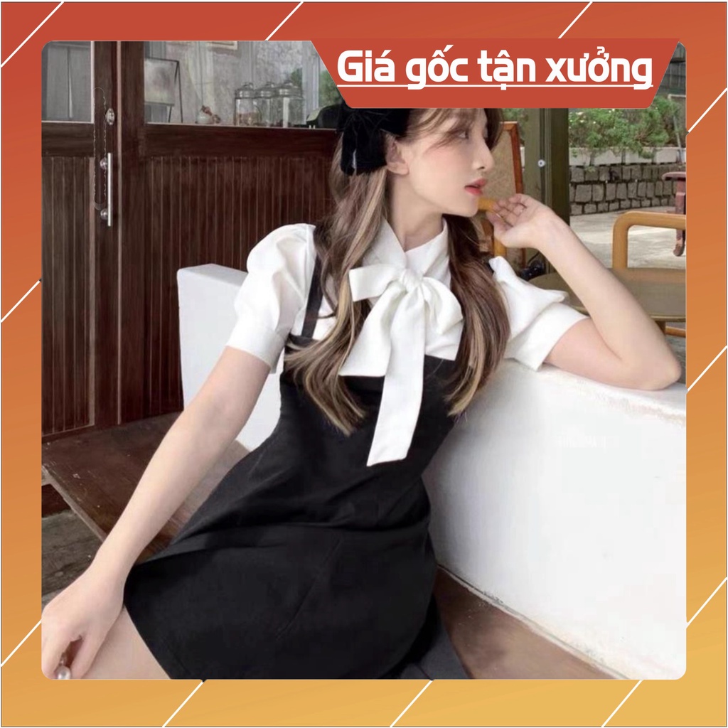 Bộ Đầm Yếm Đen Nữ Áo Sơ Mi Nơ Ngực , Áo Trắng Váy Nữ Cộc Tay Dáng Ngắn X064