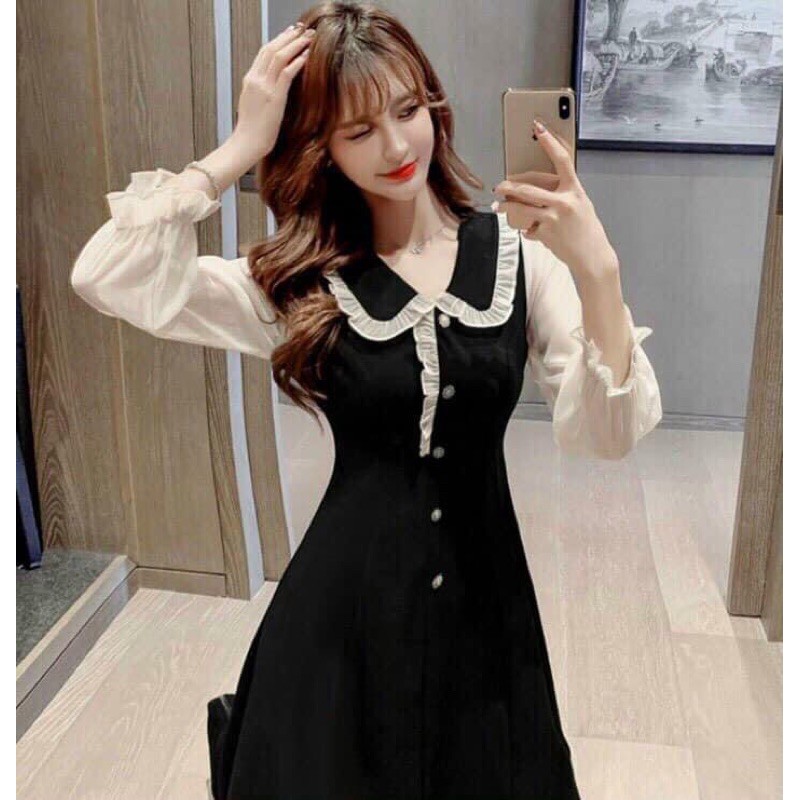 Váy đen cổ tiểu thư viền bèo | BigBuy360 - bigbuy360.vn