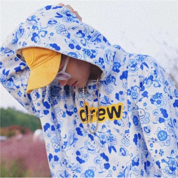 DREW HOUSE Tide brand Justin Bieber blue and white porcelain cloud full printed logo hooded stitching sweater