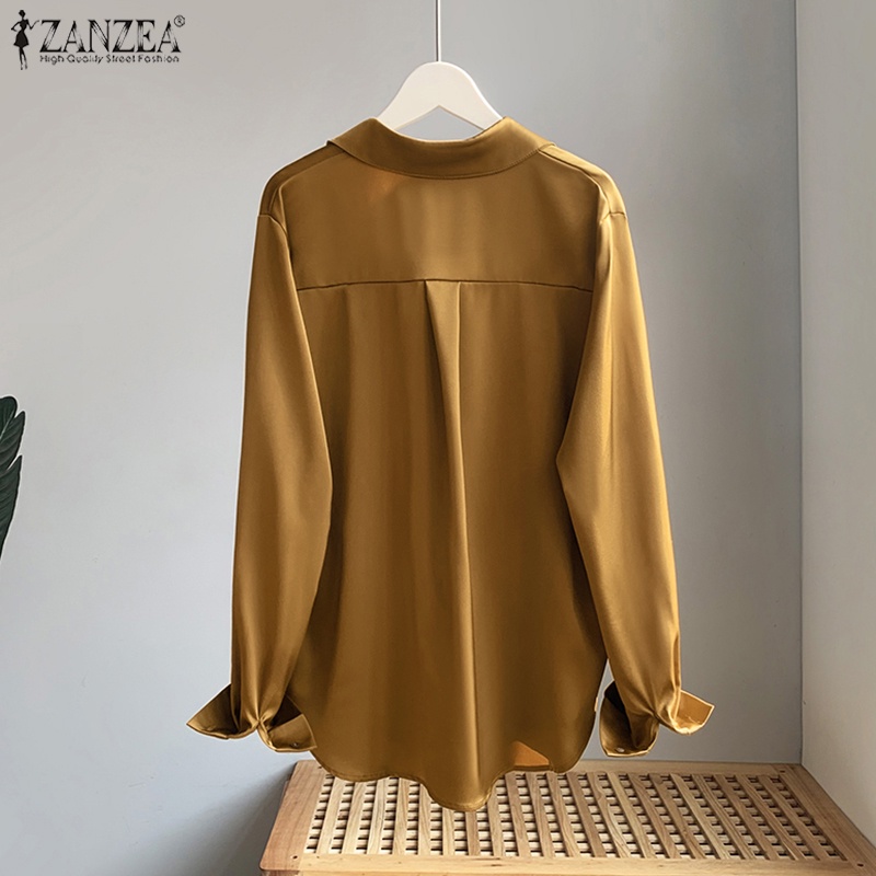 Áo sơ mi ZANZEA dài tay bằng lụa satin màu trơn thời trang dành cho nữ