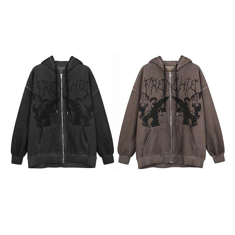 Áo khoác hoodie tay dài dáng rộng in hình thiên thần phong cách punk hip hop có khóa kéo thời trang mùa thu dành cho nữ