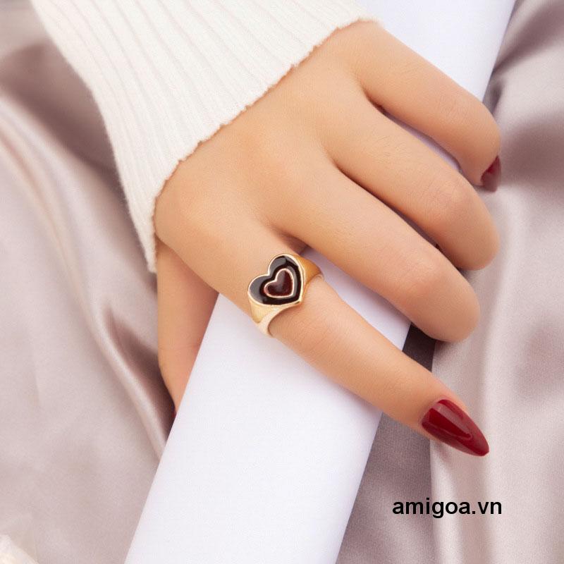 ✨✨Nhẫn hở hình trái tim đôi bằng kim loại tráng men Y2K cổ điển thời trang Hàn Quốc cho nữ