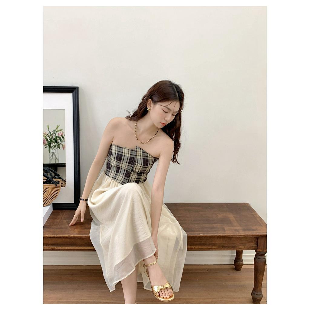 Áo Ống Màu Trơn Họa Tiết Kẻ Ô Phong Cách Cổ Điển Thời Trang Mùa Hè 63441