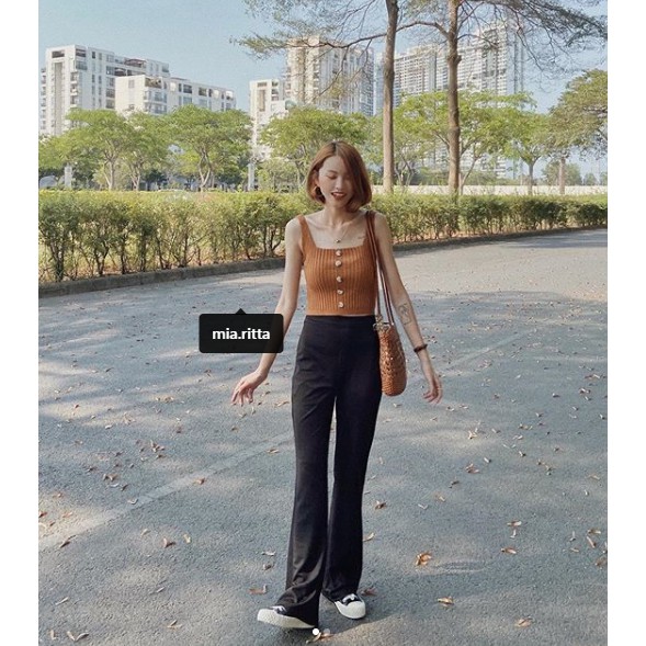 𝐌𝐈𝐀 𝐑𝐈𝐓𝐓𝐀💗 Quần loe đen cạp cao Mia💖 Quần nữ loe vải chun Q377 | BigBuy360 - bigbuy360.vn