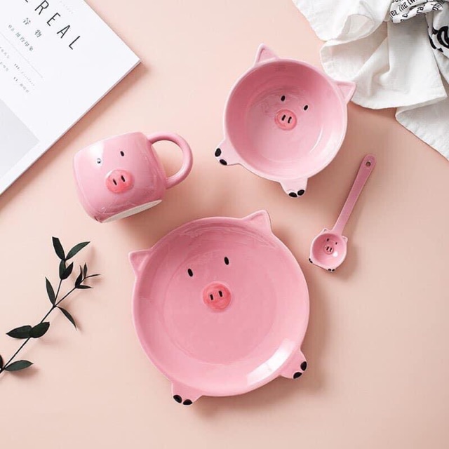 BỘ/SET BÁT ĐĨA SỨ ĂN DẶM 4 CHI TIẾT, CUTE☘️ BỘ HEO HỒNG