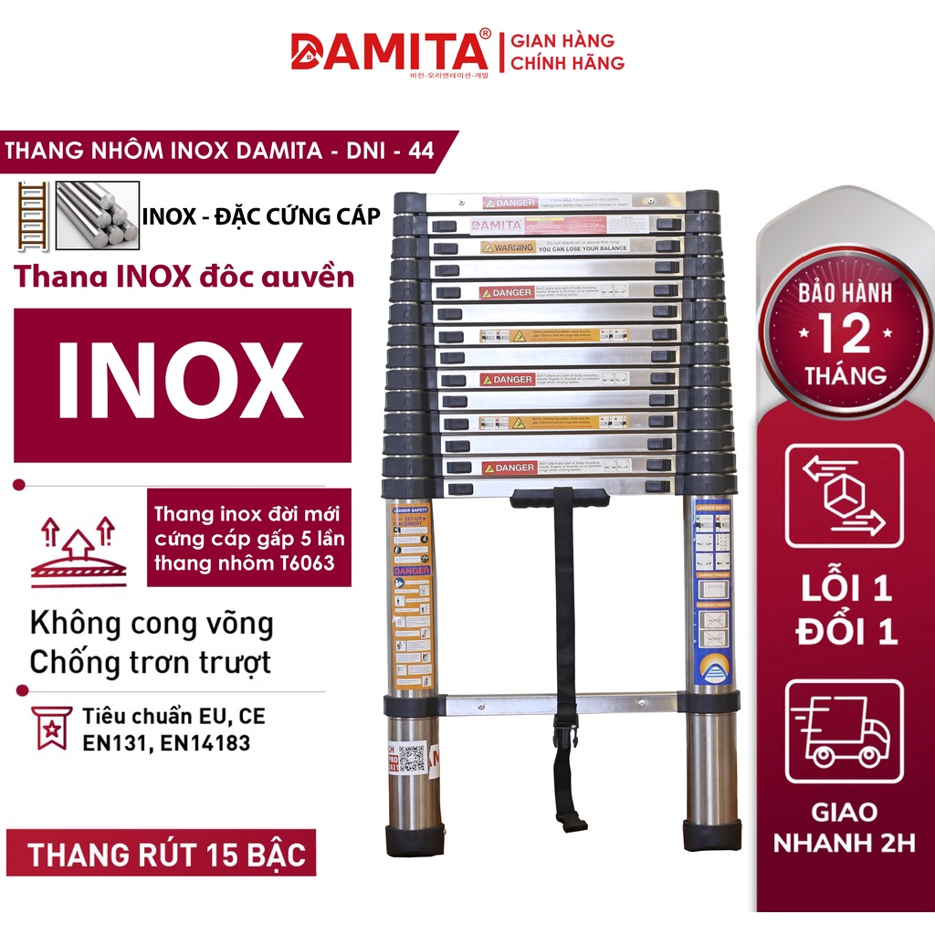 Thang nhôm rút đơn 4.1m INOX DAMITA 2022 mới cao cấp rút gọn đa năng đai an toàn nhựa ABS bảo hành 24 tháng FREESHIP 2h