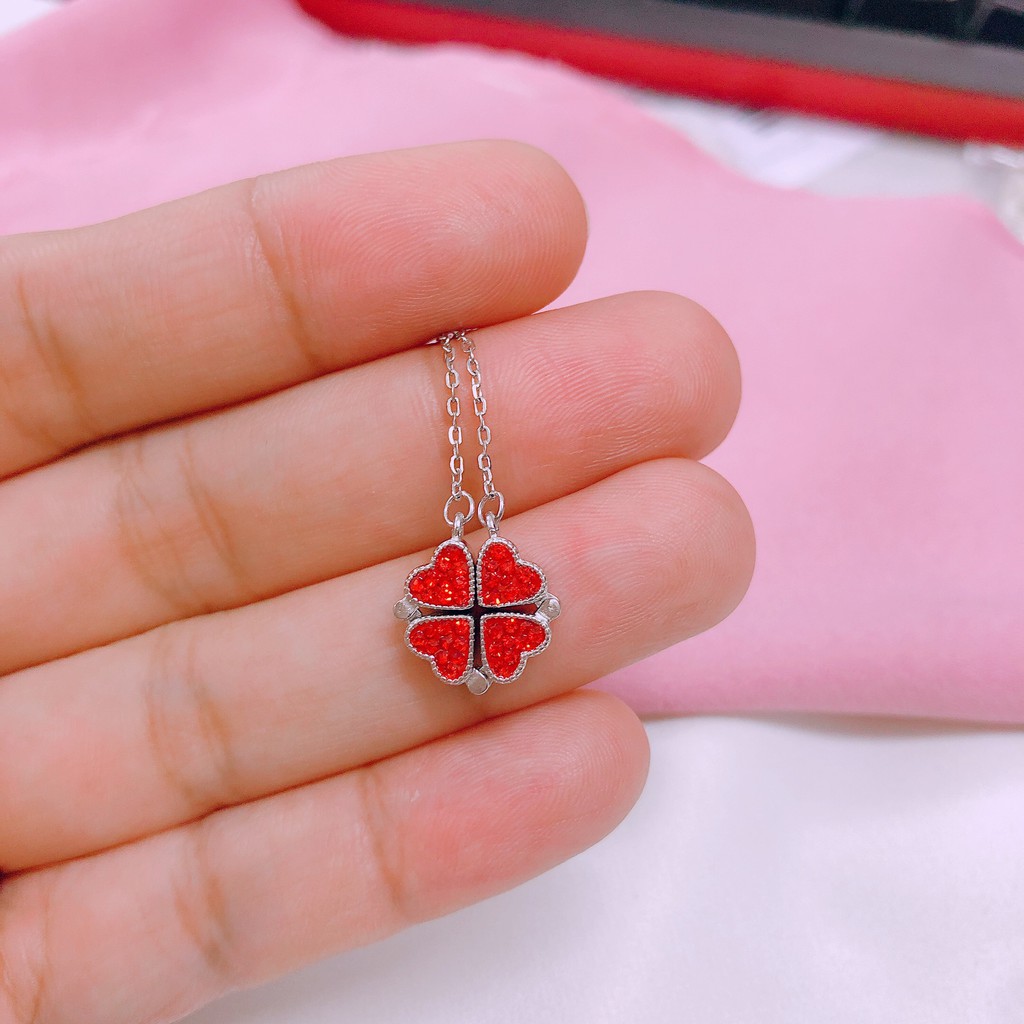 DÂY CHUYỀN BẠC CỎ 4 LÁ GHÉP TIM 2 MẶT NẠM ĐÁ (CÓ VIDEO KÈM THEO ) - BẠC BIBI