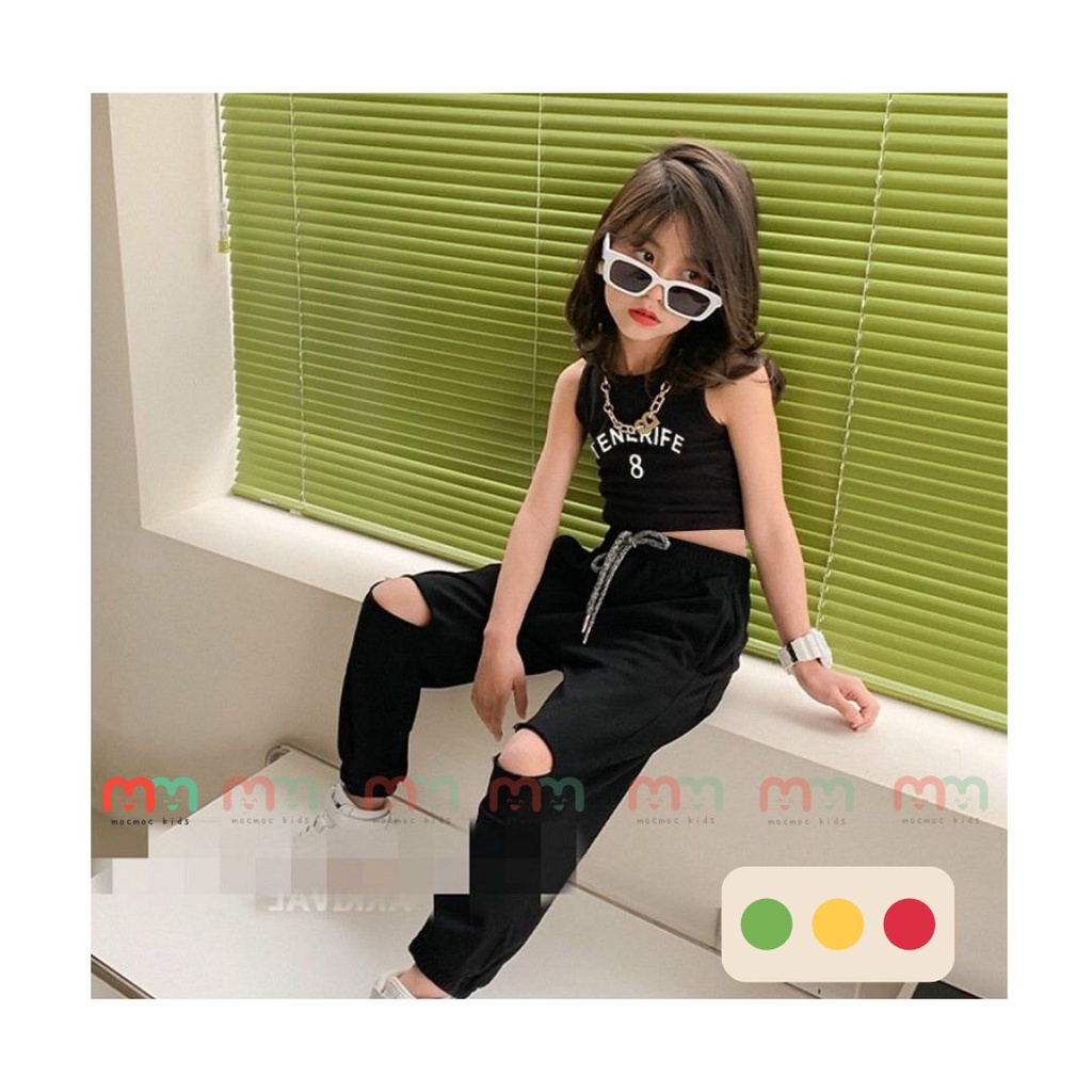 Set đồ thể thao bé gái học nhảy cá tính áo croptop sát nách phối quần jogger rách gối thun cotton co dãn bé 8kg đến 36kg