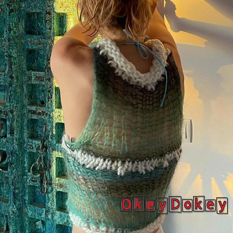 OKDK-Women Vintage Patchwork Knitted Tank Top Y2K Cutout Cropped Summer Beach Holiday Mini Vest Fashion Clothes