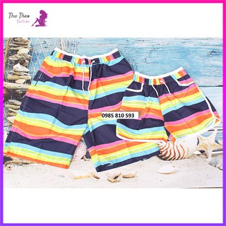 Set 2 Quần Cặp Đôi Đi Biển-Hình Ảnh Thật-Mẫu Sọc Xanh Vàng-Freesize Nam dưới 82kg, Nữ dưới 55kg
