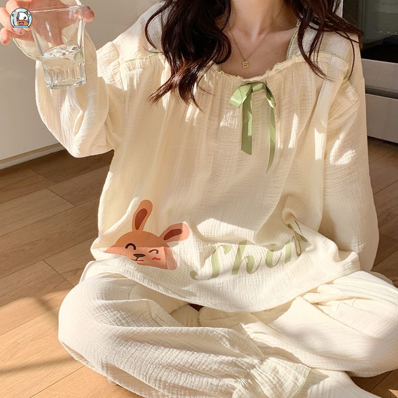 Bộ Đồ Ngủ Tay Dài Chất Liệu Cotton Dáng Rộng In Họa Tiết Hoạt Hình Gấu Dễ Thương Thời Trang Xuân Thu Cho Nữ