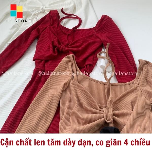 Đầm body sexy tay dài ❤️ Đầm dáng ôm khoét ngực dây yếm cột cổ chất liệu thun gân co giãn tốt freesize dưới 55kg SE01