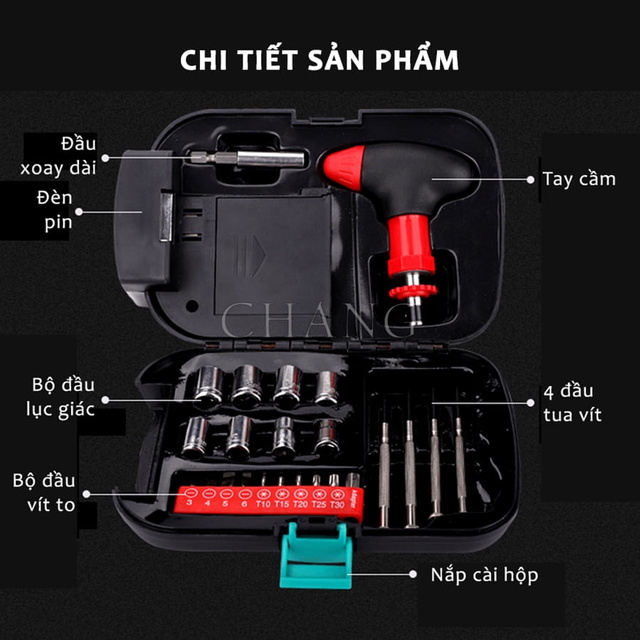 Bộ Dụng Cụ Sửa Chữa 24 Món Đa Năng Tua Vít Lục Giác Đồ Nghề Sửa Xe Có Đèn Pin