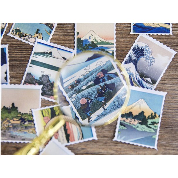 Hộp 46 miếng sticker mẫu tem tranh hokusai phong cảnh nhật bản