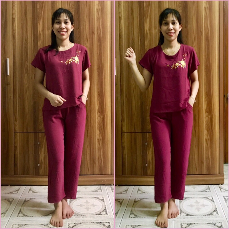 Bộ đũi Tay cộc Quần dài Trung Niên cho mẹ - Bộ đũi Phối thêu Cho Mẹ cho Bà