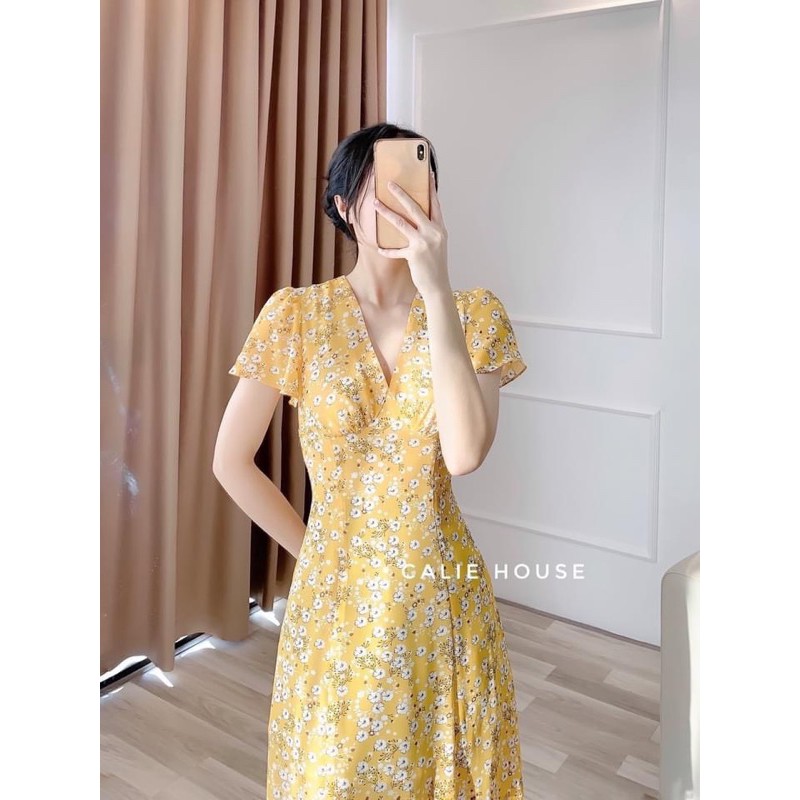 BÁN SỈ VÁY HOA TƠ CỔ V 2 MÀU XANH VÀNG CHO NỮ | BigBuy360 - bigbuy360.vn