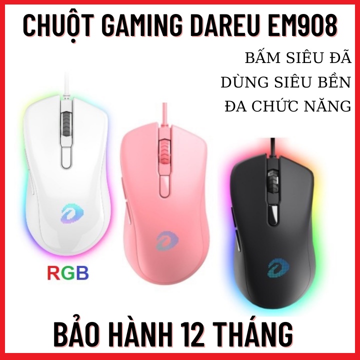 Chuột Gaming Có Dây DAREU EM908,Chuột Với 3 Màu Hồng/Đen/Trắng,Có Led,Bảo Hành 12 Tháng