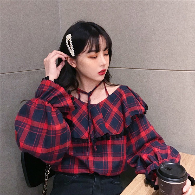 Áo Kiểu Trễ Vai Tay Dài Họa Tiết Sọc Caro Màu Sắc Tương Phản | BigBuy360 - bigbuy360.vn