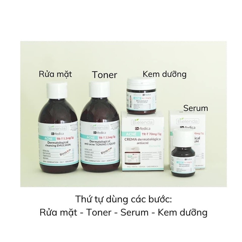 Toner nước hoa hồng ,Sữa rửa mặt ,Serum , Kem Bielenda Dr Medica giảm mụn cấp nước