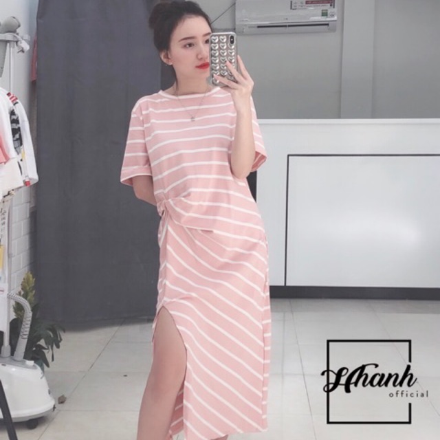 Váy maxi kẻ ngang xoắn eo cotton xịn