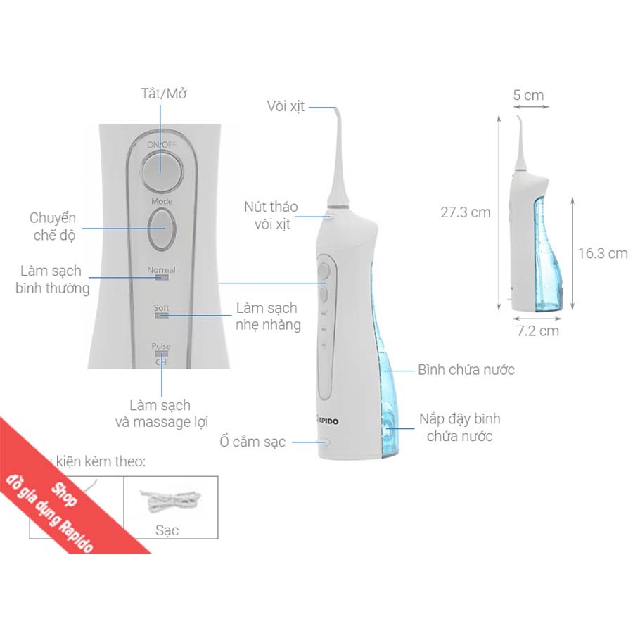 Máy tăm nước Rapido RWF-150, tăm nước du lịch, 3 chế độ áp lực nước