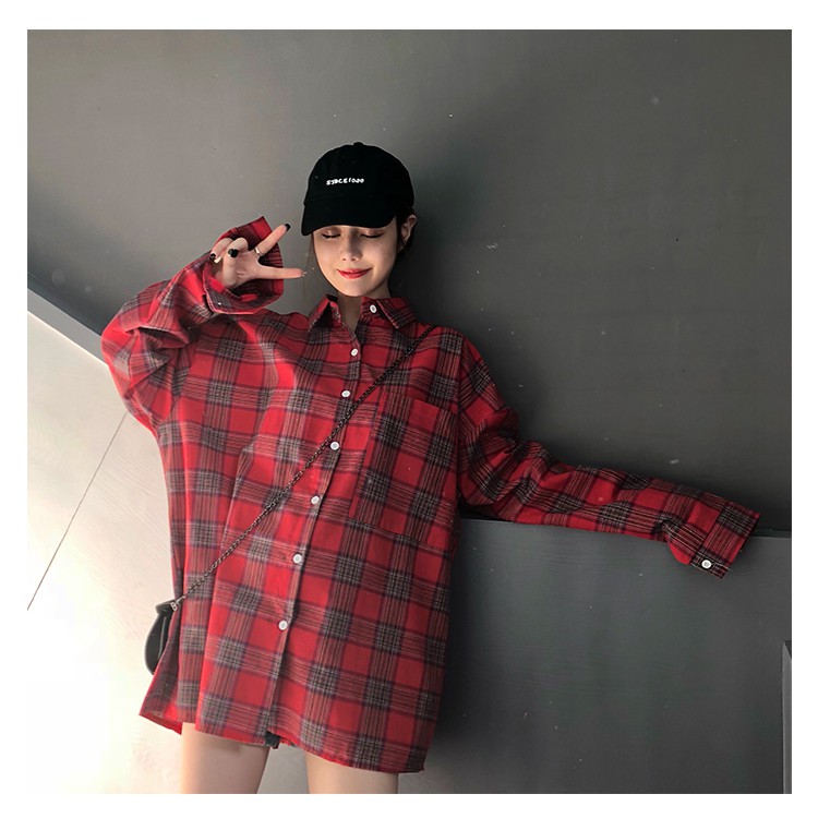 SUXI Áo sơ mi caro dáng rộng thời trang cho nữ