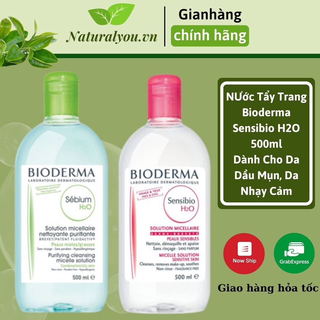 Nước Tẩy Trang Bioderma 500ml Chính Hãng Cho Da Dầu Mụn, Da Nhạy Cảm Xanh, Hồng Crealine H2O Solution Micellaire